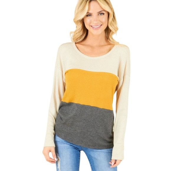 PS KATE Mustard Gray Waffle Knit Color Block Long Sleeve Top Open Back 11243 - Picture 2 of 15